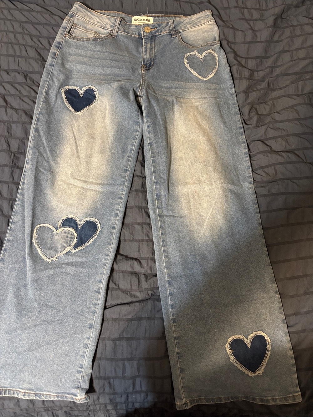GOGO Light Blue Wide‑Leg Jeans with Navy Heart Appliqués
